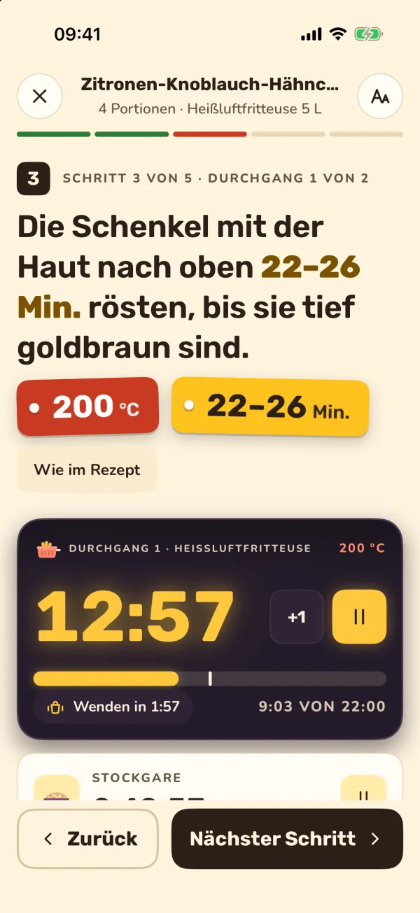 Kochmodus: ein Schritt nach dem anderen, mit dem Timer auf der Tafel