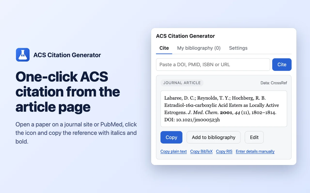 One-click ACS citation created from a journal article page