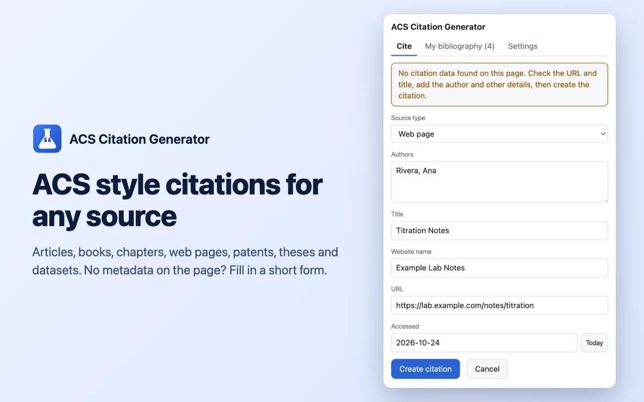 Manual form for citing any source in ACS style