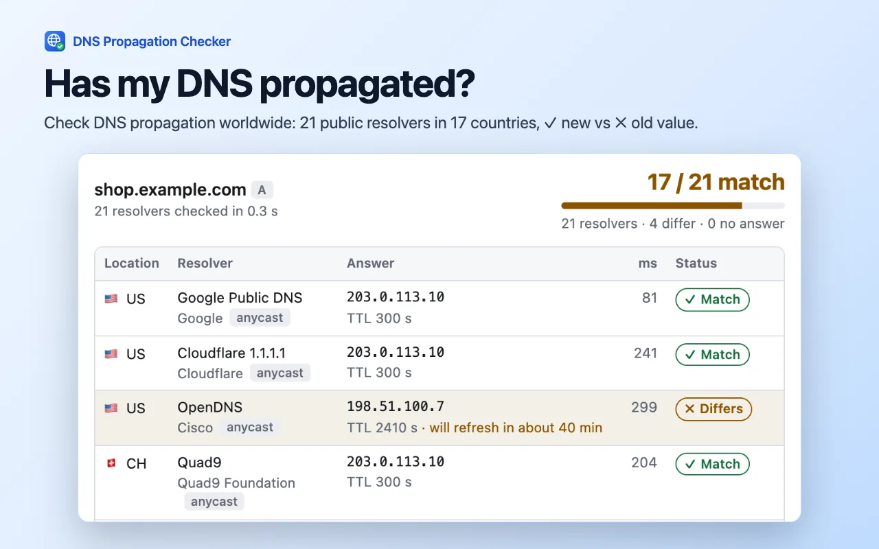 DNS Propagation Checker popup showing answers from 21 resolvers with match and differs markers