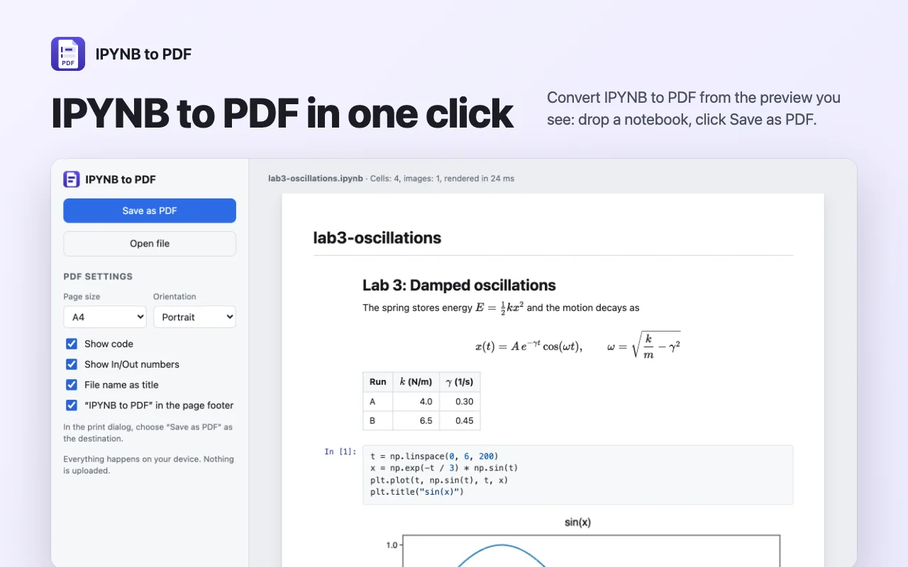 IPYNB to PDF converter with a live preview of a notebook and PDF settings