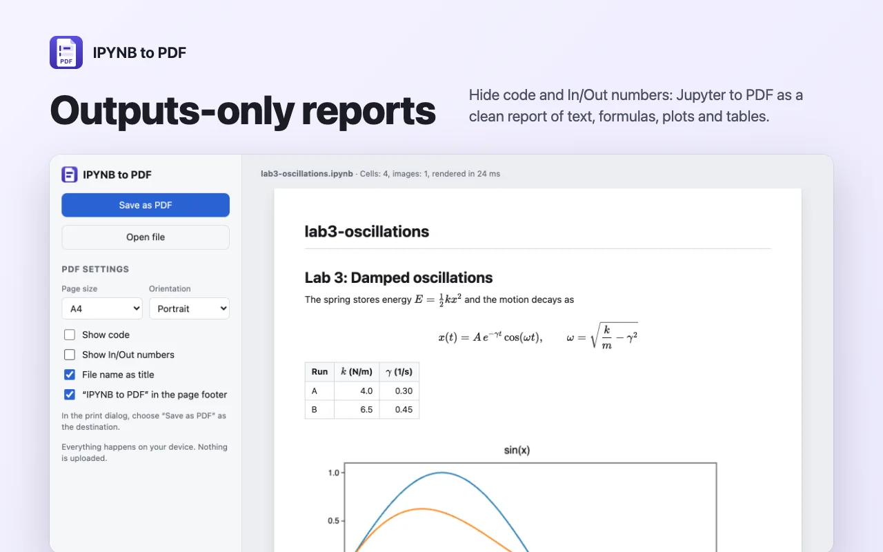 Outputs-only report with code and In/Out numbers hidden