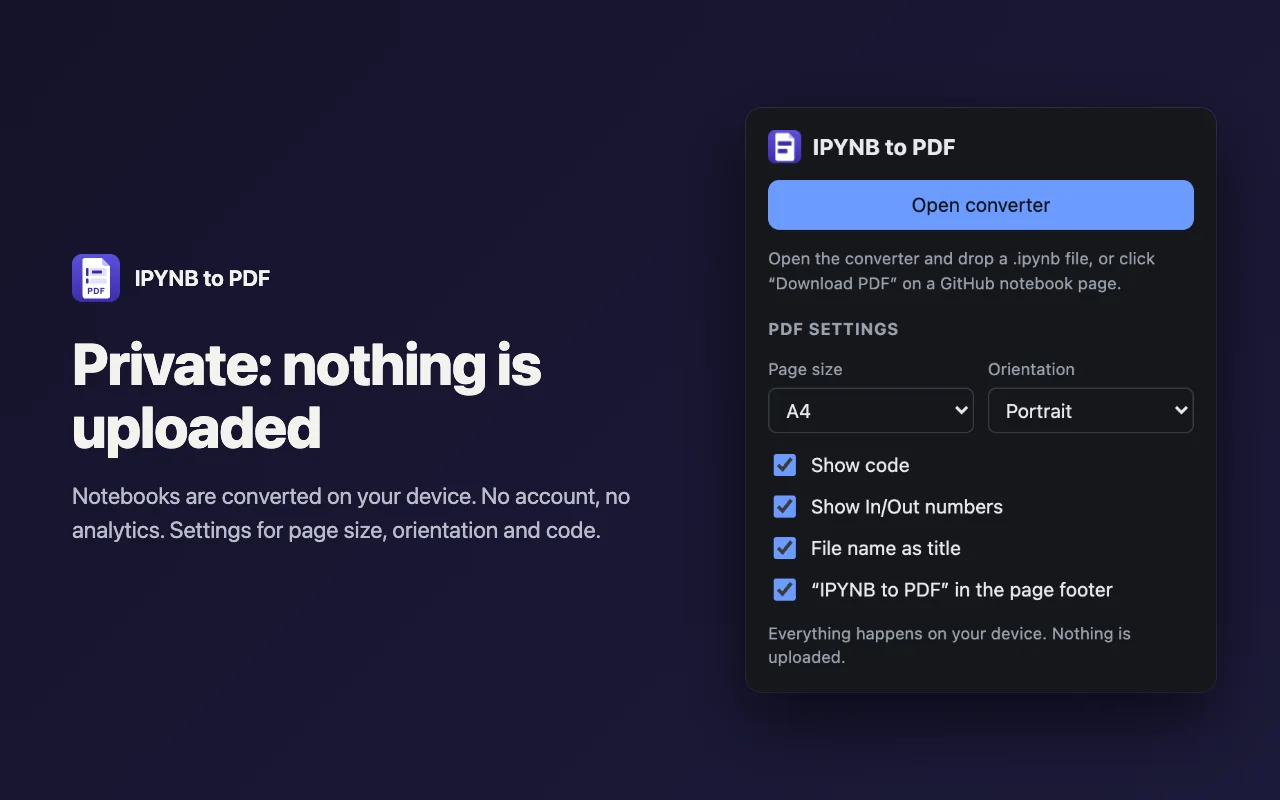 IPYNB to PDF popup in dark theme with page settings