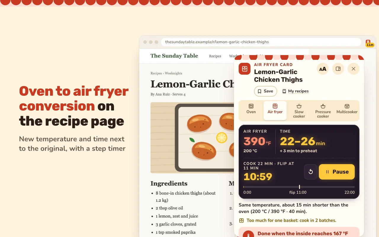 Karta Oven to Air Fryer Conversion na stronie przepisu z temperaturą i czasem dla air fryera