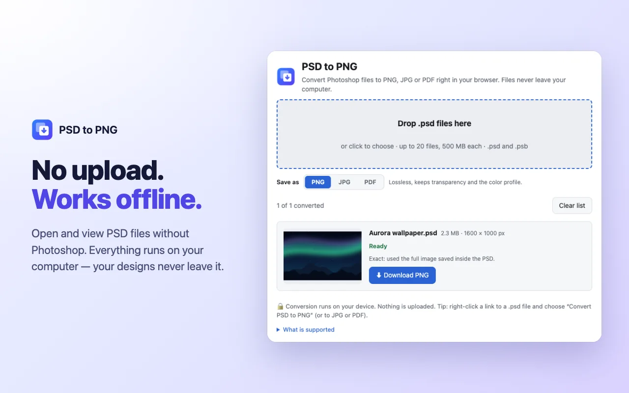 PSD to PNG converts files on your device without uploading them