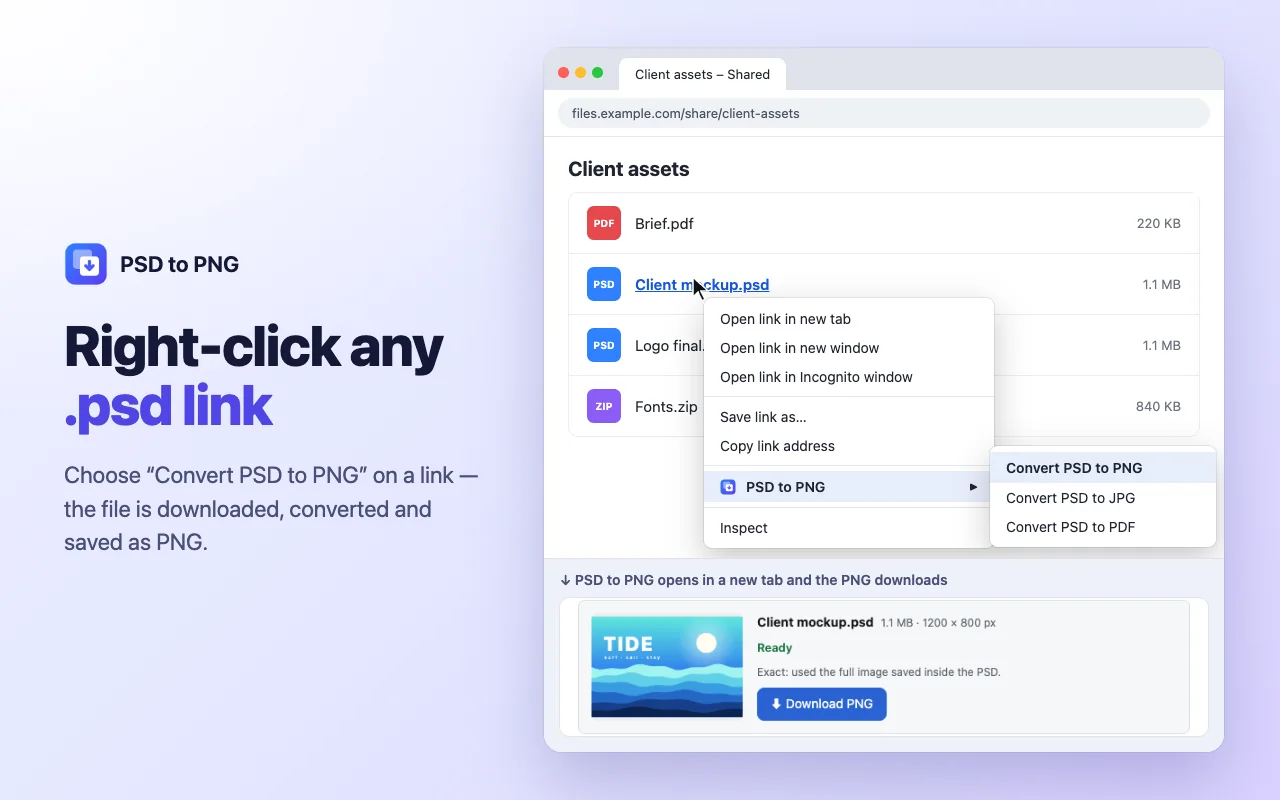 Right-click menu on a link to a .psd file with Convert PSD to PNG