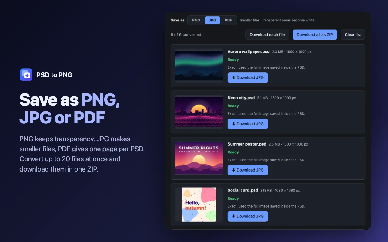Choosing PNG, JPG or PDF as the output format