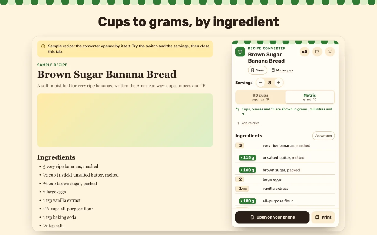 Karta Recipe Converter na stronie przepisu, przełączona z amerykańskich szklanek na gramy