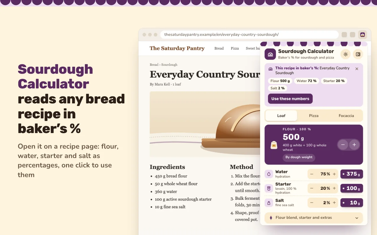 Sourdough Calculator odczytuje stronę z przepisem na chleb w procentach piekarskich