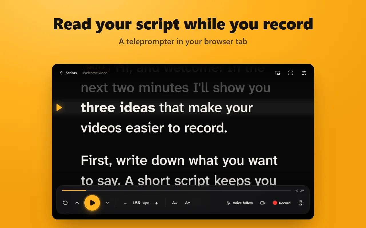Teleprompter App wyświetla skrypt w karcie przeglądarki z bursztynową linią czytania i regulacją prędkości