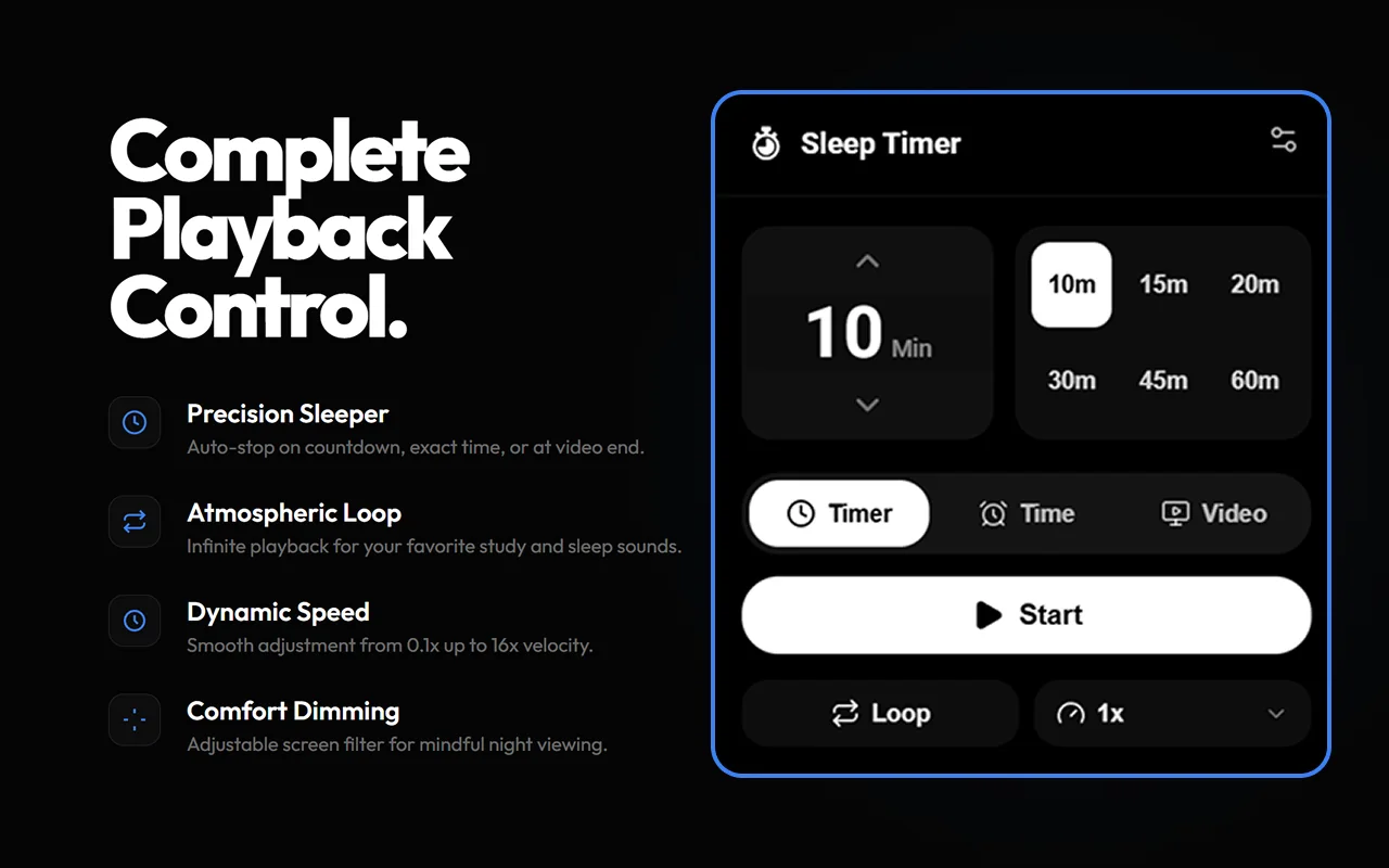 Sleep timer panel with presets from 10 to 60 minutes, loop and speed